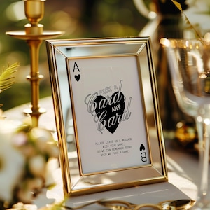 Plantilla para letrero de libro de visitas de boda con naipes Lucky in Love, libro de visitas de boda dibujado a mano de Las Vegas, decoración de boda vintage en Las Vegas