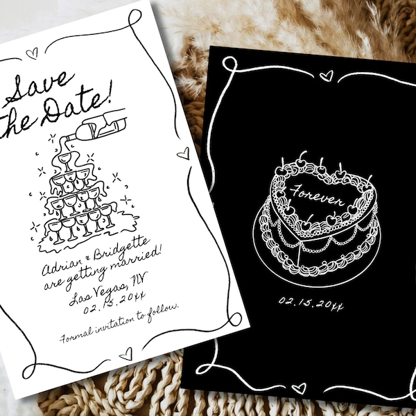 Handwritten Save the Date French Style Inspired Wedding Stationery Hand Drawn Illustrations Vintage Wedding Invitation Black and White