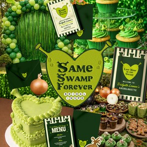 May include: A themed party display with green and yellow decorations. Includes a cake, cupcakes, invitations, and a menu. The theme is "Same Swamp Forever" with text and a heart-shaped design. Onions and a frog are also present.