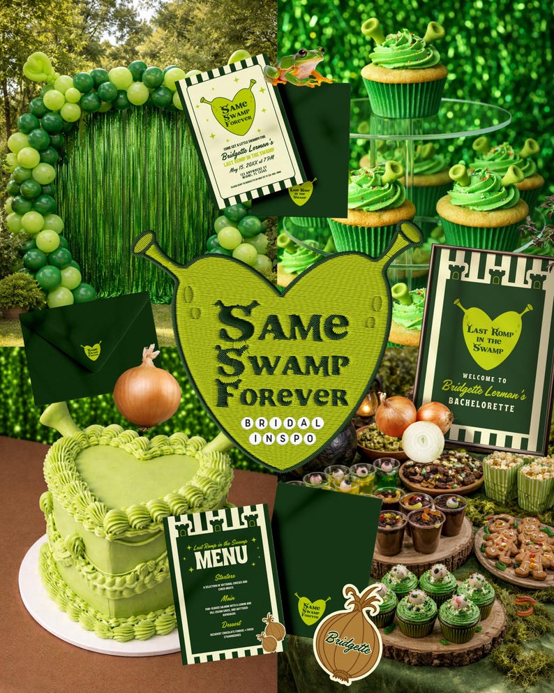 May include: A themed party display with green and yellow decorations. Includes a cake, cupcakes, invitations, and a menu. The theme is "Same Swamp Forever" with text and a heart-shaped design. Onions and a frog are also present.