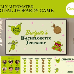 May include: A green and white printable bridal shower game board with the title "Bridgette's Bachelorette Jeopardy". The board has a grid of 5 categories and 5 rows. The categories are "The Host", "The De Squad", "Category 1", "Category 2", "Category 3", "Category 4", and "Category 5". The rows are numbered 1-5. The board also includes a green and white illustration of a swamp monster wearing sunglasses and a pink heart.