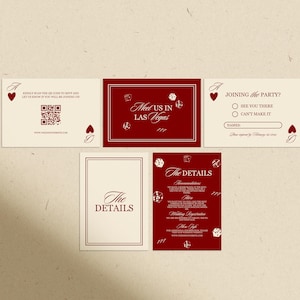 Puede incluir: Un conjunto de tarjetas de invitaci&oacute;n con tem&aacute;tica de casino. Las tarjetas son principalmente crema y burdeos, con s&iacute;mbolos de naipes, dados y el texto "Meet us in Las Vegas". Una tarjeta incluye un c&oacute;digo QR.