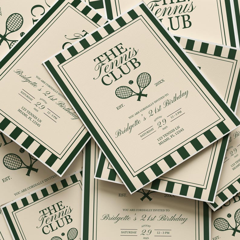 May include: A stack of cream-colored tennis club invitations with dark green text and accents. The invitations feature the text "The Tennis Club" and details for a 21st birthday celebration, including the date, time, and location.
