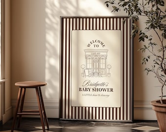 Vorlage für ein Willkommensschild im französischen Café-Stil, Babyparty-Schild für ein gemütliches Café, Babyparty-Schild für „Little Bean is Brewing“ (bearbeitbare Canva-Vorlage)