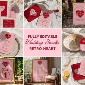 May include: A fully editable wedding bundle with a retro heart theme. The bundle includes a variety of printable items, such as invitations, menus, table numbers, and a seating chart. The items are all pink and red with a white heart design.