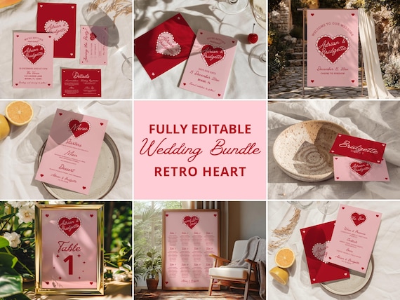 WEDDING TEMPLATES BUNDLE Whimsical Wedding Suite Hand Drawn Retro Heart Wedding Stationery Vintage Wedding Invitation Colorful Wedding Suite