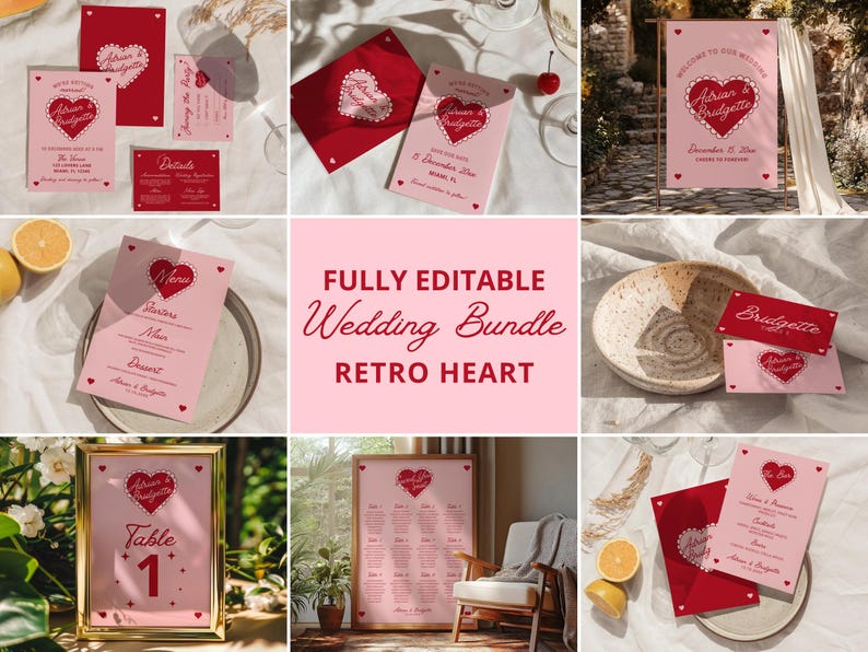 May include: A fully editable wedding bundle with a retro heart theme. The bundle includes a variety of printable items, such as invitations, menus, table numbers, and a seating chart. The items are all pink and red with a white heart design.