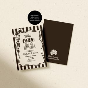 May include: Black and white baby shower invitation with the text "A little bean is brewing!" and the names Bridgette & Adrian. The invitation has a cafe design and a black and white striped border. A dark brown card is next to the invitation.
