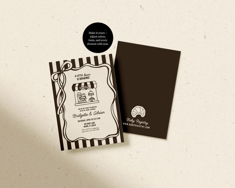 May include: Black and white baby shower invitation with the text "A little bean is brewing!" and the names Bridgette & Adrian. The invitation has a cafe design and a black and white striped border. A dark brown card is next to the invitation.