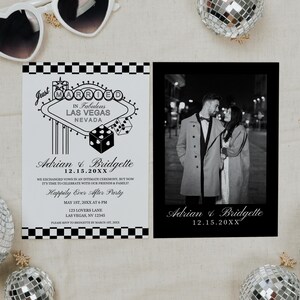May include: Black and white wedding invitation with a Vegas theme. The invitation features a black and white photo of a couple in front of a Las Vegas sign. The text on the invitation reads "Just Married in Fabulous Las Vegas, Nevada" and "Adrian & Bridgette 12.15.20XX".