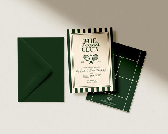Tennis Birthday Invitation Template: Elegant Country Club Theme (Digital Download)