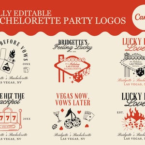 Paquete de logotipos editables para despedidas de soltera con temática de Las Vegas. Plantillas de Canva. Gráficos personalizables para invitaciones, merchandising y web. Logotipo de despedida de soltera personalizado.
