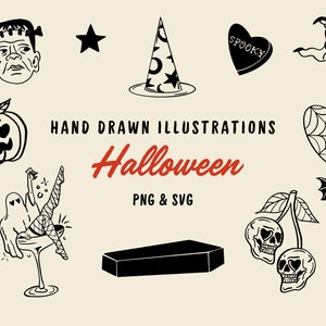Hand Drawn Halloween Illustration Bundle Set SVG PNG Icon Clipart Scribble Illustration Transparent Background Doodle Halloween Drawing Set