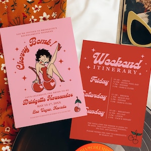 Modello di invito per addio al nubilato Betty Boop, modello di invito per addio al nubilato Cherry Bomb Vintage, modello di itinerario per invito per addio al nubilato disegnato a mano