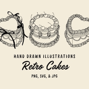 Ilustrações de bolo de casamento caprichosas desenhadas à mão Desenhos de bolo retrô para despedida de solteira Clipart peculiar personalizado Ilustrações de rabiscos de despedida de solteira