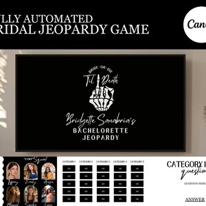 May include: A black and white graphic with a skeleton hand giving the middle finger and the text "Bride or Die Til Death". The graphic is on a black background with the text "Bridgette Sanabria's Bachelorette Jeopardy" below it. The graphic is on a television screen.