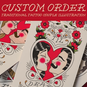 May include: A traditional tattoo style illustration of a couple in love. The couple is depicted in a heart with the words "Til Death" written below. The illustration is in black and red with floral accents.