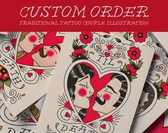 Custom Traditional Tattoo Art Couple Portrait Traditional Tattoo Wedding Invitation Design Custom Tattoo Design Hand Drawn Tattoo Invite