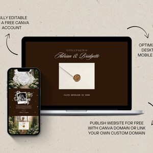 May include: A laptop and smartphone display a wedding invitation design. The laptop screen shows an envelope with a wax seal, and the phone displays a similar design. Text includes "Adrian & Bridgette" and "Click envelope to open."