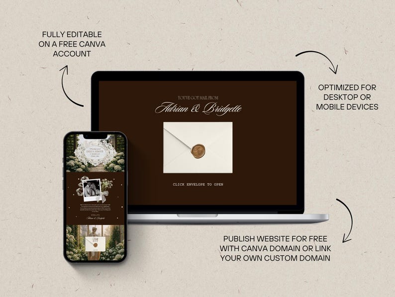 May include: A laptop and smartphone display a wedding invitation design. The laptop screen shows an envelope with a wax seal, and the phone displays a similar design. Text includes "Adrian & Bridgette" and "Click envelope to open."