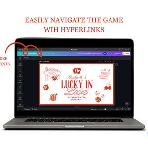 以下が含まれることがあります： Canvaでゲームボードのデザインが表示されているラップトップの画面。ゲームボードのタイトルは「Bridgette's Lucky in Love Bachelorette Jeopardy」。デザインは赤と白で、カジノをテーマにしている。