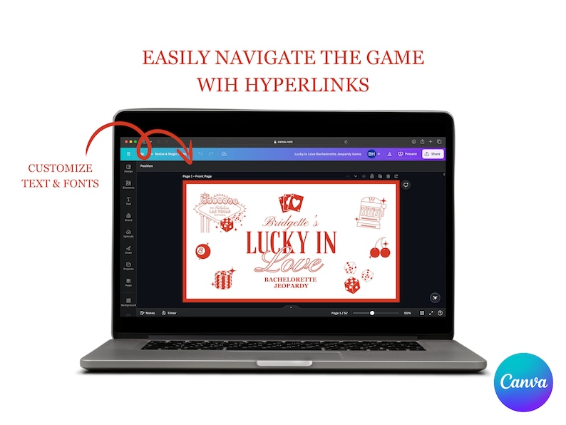 以下が含まれることがあります： Canvaでゲームボードのデザインが表示されているラップトップの画面。ゲームボードのタイトルは「Bridgette's Lucky in Love Bachelorette Jeopardy」。デザインは赤と白で、カジノをテーマにしている。