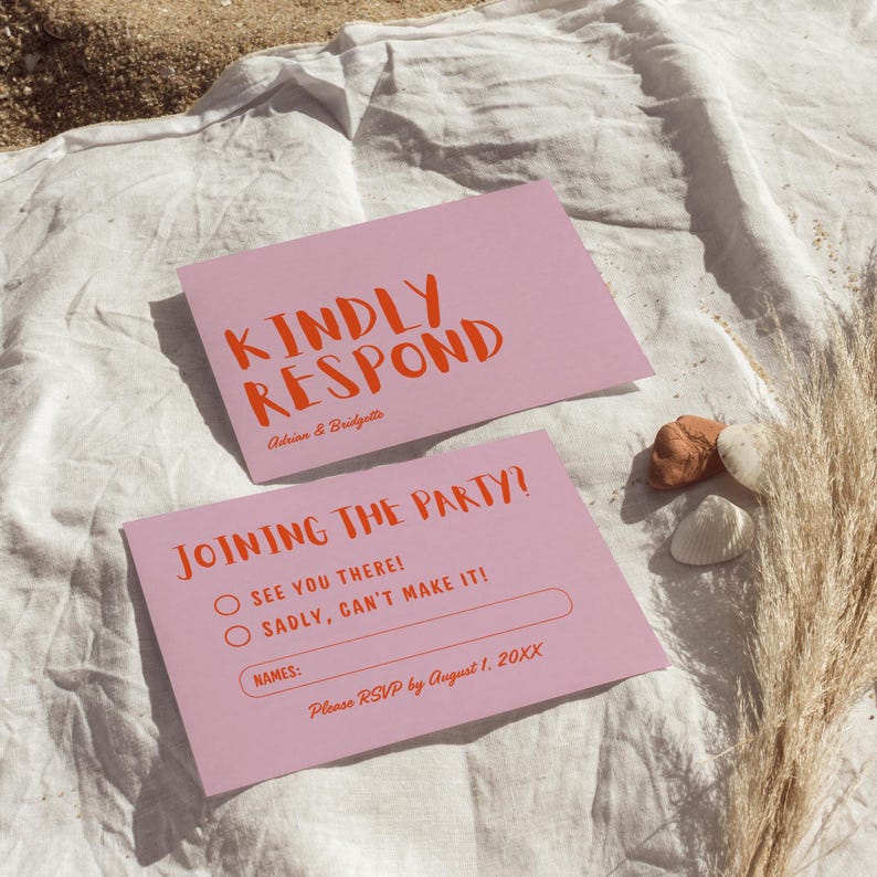 May include: Two pink party invitation cards with orange text. The top card reads "KINDLY RESPOND" and the bottom card says "JOINING THE PARTY?" with RSVP details. The cards are on a white cloth with beach elements.