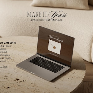 May include: A silver laptop displaying a custom template with the text "MAKE IT Yours" and "4 PAGE CUSTOM TEMPLATE". The screen shows a wedding invitation design with the names "Adrian & Bridgette". The laptop is on a round, light-colored table.