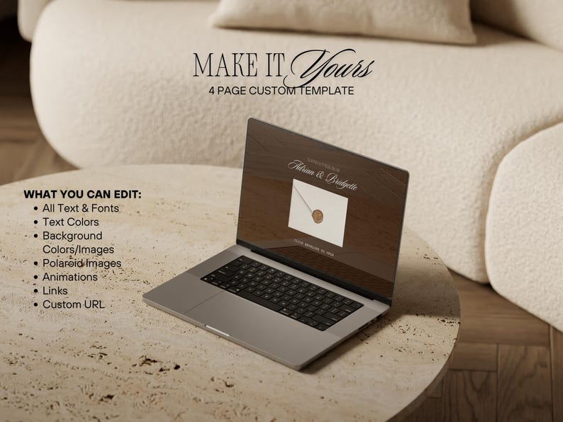 May include: A silver laptop displaying a custom template with the text "MAKE IT Yours" and "4 PAGE CUSTOM TEMPLATE". The screen shows a wedding invitation design with the names "Adrian & Bridgette". The laptop is on a round, light-colored table.