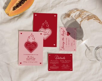 Retro Heart Wedding Invitation Suite DIY Editable Wedding Template Modern Wedding Invitation Design Colorful Wedding Details and RSVP Cards