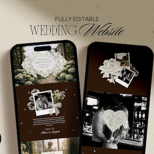 May include: Two smartphones displaying a wedding website template. The screens feature photos, floral designs, and the text "FULLY EDITABLE WEDDING Website". One phone shows a lace design with the names "Adrian & Bridgette". The other phone shows a couple embracing.