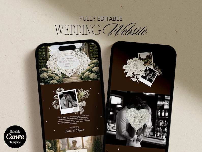 May include: Two smartphones displaying a wedding website template. The screens feature photos, floral designs, and the text "FULLY EDITABLE WEDDING Website". One phone shows a lace design with the names "Adrian & Bridgette". The other phone shows a couple embracing.
