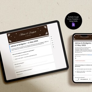 May include: A digital wedding invitation displayed on a tablet and smartphone. The invitation features the names "Adrian & Bridgette" and the date "15 May 20XX" in a brown and white color scheme. A circular graphic reads "Includes Google Forms Template + Setup Guide."