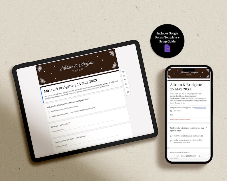 May include: A digital wedding invitation displayed on a tablet and smartphone. The invitation features the names "Adrian & Bridgette" and the date "15 May 20XX" in a brown and white color scheme. A circular graphic reads "Includes Google Forms Template + Setup Guide."