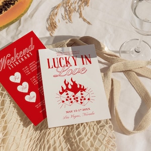 Invito per festa di addio al nubilato Lucky in Love Modello di itinerario per weekend di addio al nubilato a Las Vegas Modello di addio al nubilato retrò al casinò Quirky
