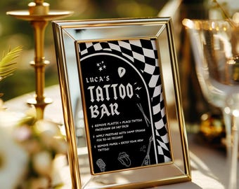 Mall för tatueringsskylt: Dekor till födelsedagsfest med sten (digital nedladdning, Canva-mall)
