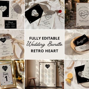 Op de afbeelding: Een volledig bewerkbare bruiloftbundel met een retro hartthema. De bundel bevat een welkomstbord, tafelnummers, een zitplaatskaart, menu's en uitnodigingen. Het ontwerp bevat zwart-wit illustraties van harten met een retro lettertype.