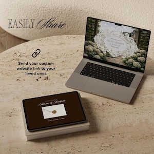 May include: A laptop and tablet displaying wedding invitation designs. The laptop screen shows a floral design with the names "Adrian & Bridgette." The tablet features a brown background with a white envelope graphic. Text reads "Send your custom website link to your loved ones."