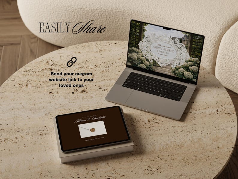 May include: A laptop and tablet displaying wedding invitation designs. The laptop screen shows a floral design with the names "Adrian & Bridgette." The tablet features a brown background with a white envelope graphic. Text reads "Send your custom website link to your loved ones."