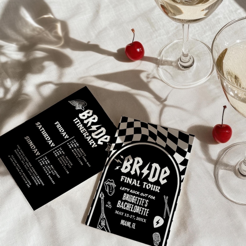 May include: Black and white invitation with the text "BR-DE FINAL TOUR LET'S ROCK OUT FOR BRIDGETTE'S BACHELORETTE MAY 15-17, 20XX MIAMI, FL" and a checkered pattern.