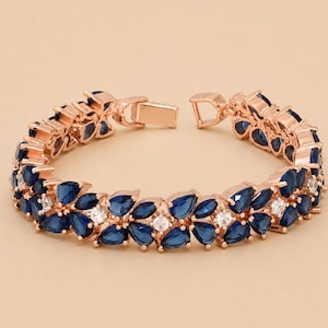Rose Gold Blue Sapphire Style Bracelet, Marquise Cut Floral Tennis Bracelet, Bridal Jewelry, Wedding Gift for Her, Statement Crystal Bracele