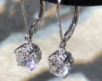 Pendientes colgantes de moissanita de 2 quilates con cierre de palanca, pendientes de moissanita, pendientes de diamantes, el mejor regalo de cumpleaños en oro blanco de 14 k.