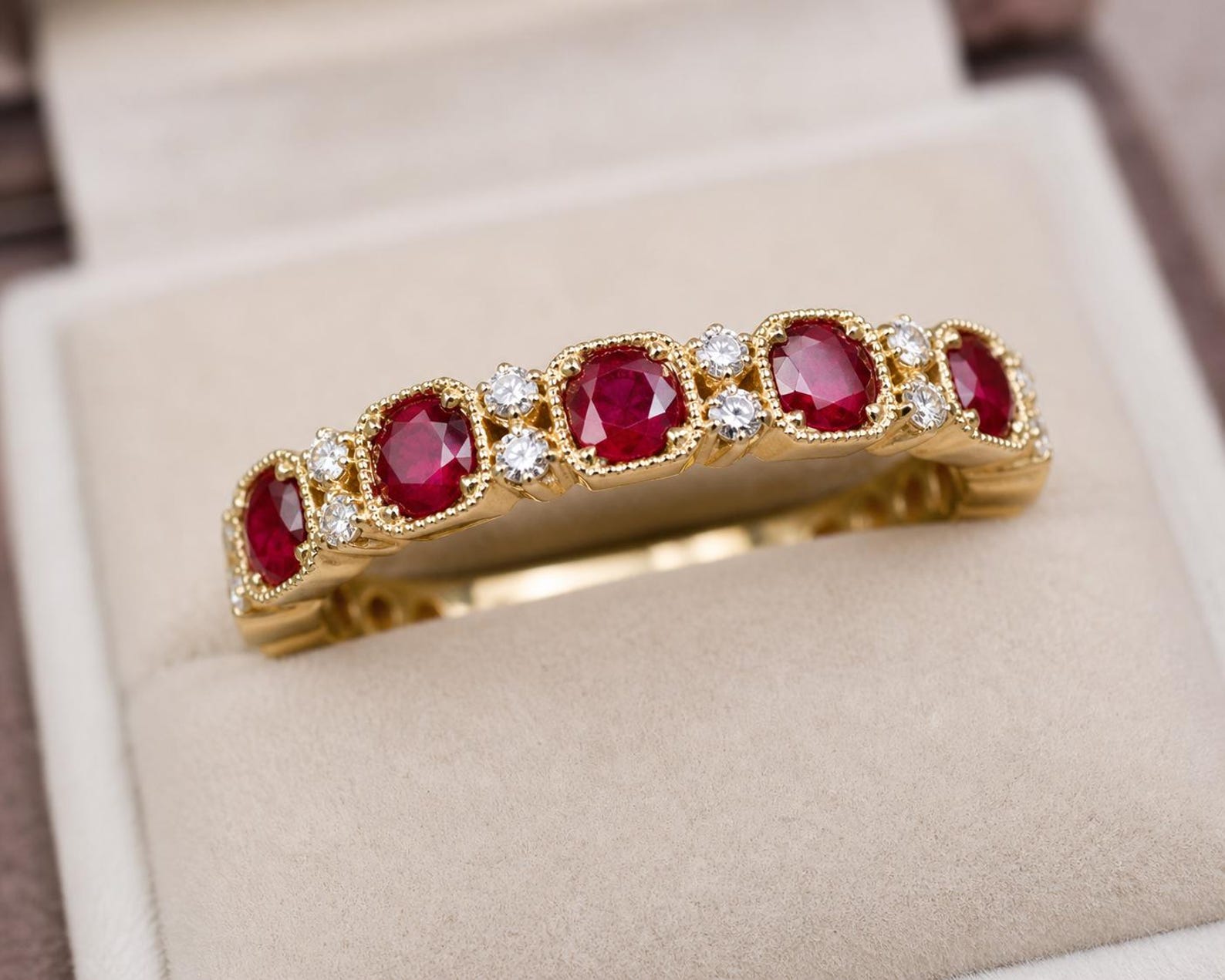 Vintage Ruby & Diamond Eternity Ring, 14K Gold Milgrain Wedding Band ...