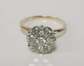 Anillo de circonita cúbica en racimo, plata de ley 925, chapado en oro de 14 quilates en dos tonos