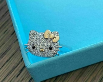 Anillo de compromiso de Hello Kitty para mujer con diamantes VVS1 de talla redonda de 2 quilates en oro blanco de 14 quilates