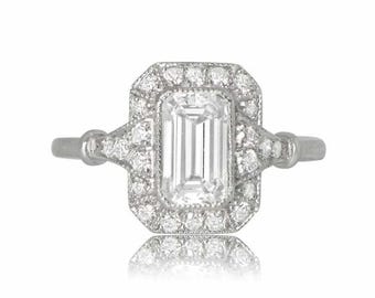 Anillo de compromiso Art Déco de 2,75 ct con esmeralda y diamante redondo - Anillo de bodas Art Déco - Anillo de aniversario para mujer - Oro blanco de 14 quilates