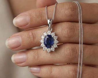 Collar ovalado vintage azul zafiro, colgante de racimo de plata de ley, collar con halo de moissanita azul real, regalo para ella, joyería de aniversario