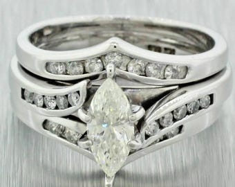 Conjunto de tres anillos para mujer, conjunto de anillos con diamantes de talla marquesa, conjunto de anillos de boda, conjunto de anillos de compromiso únicos, conjunto de tres anillos.