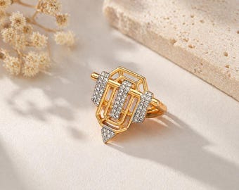 Anillo Art Déco de plata de ley, anillo geométrico llamativo, anillo de diamantes de circonita cúbica, joyería de estilo vintage, regalo para ella.