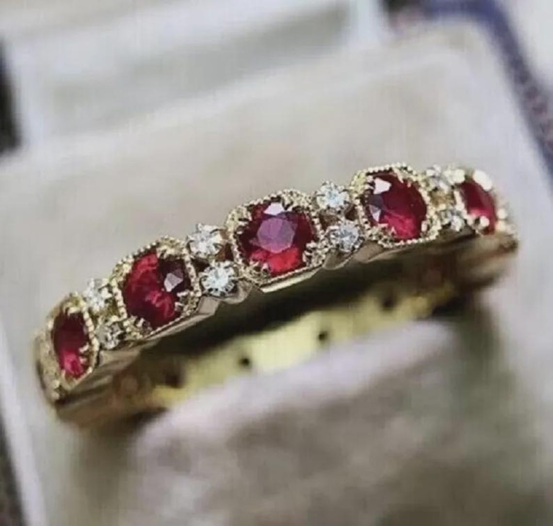 Vintage Ruby & Diamond Eternity Ring, 14K Gold Milgrain Wedding Band ...